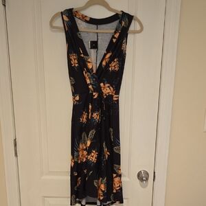 Tropical Floral V-Neck Midi Dress - Black and Orange